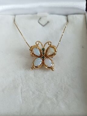 14kt Gold Butterfly Opal  Pendant Necklace - White Opal & Emerald